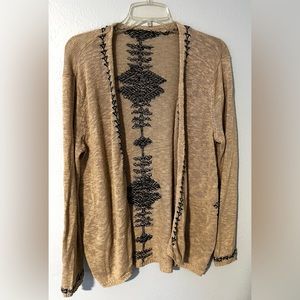 Women’s J Jill Open Front Aztec print Cardigan Black/Tan Cotton/Linen Size Large